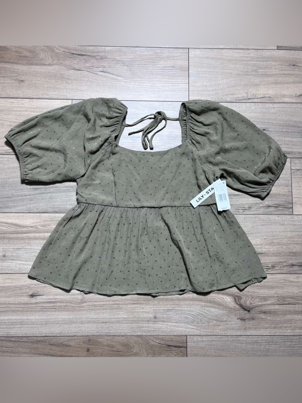 Lily Star Juniors Swiss Dot Ballon Sleeve Babydoll Top Size XL Green
